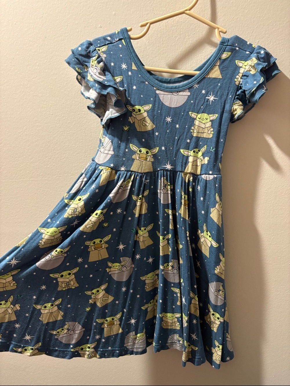 Little Sleepies Blue Grogu Print Ruffle Dress with Pockets